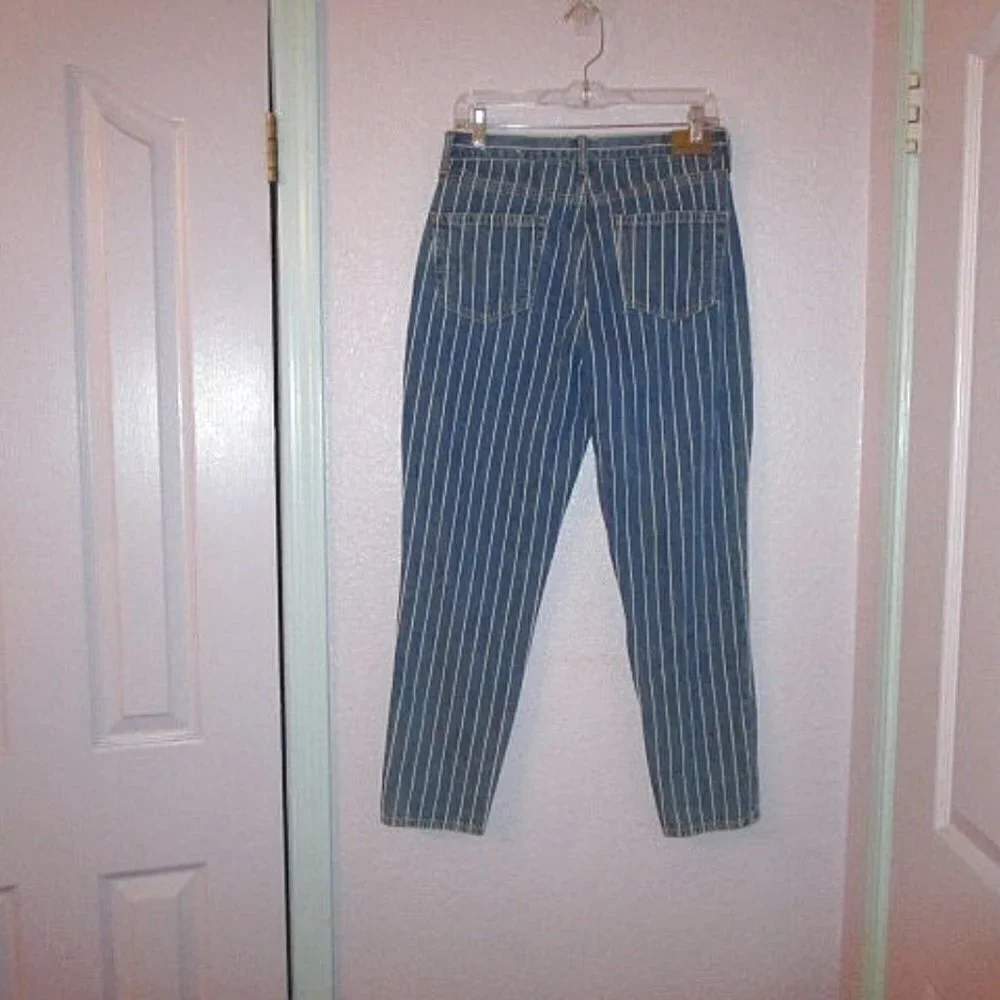 American Eagle Mom Jeans Womens 6 High Rise Denim Blue Striped Retro Festival